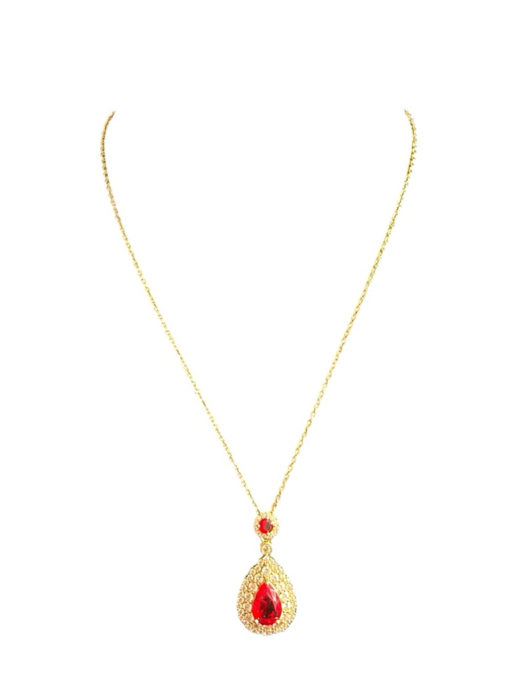 Red Crystal Teardrop Pendant 18K Gold Plated Necklace - Picture 2 of 5